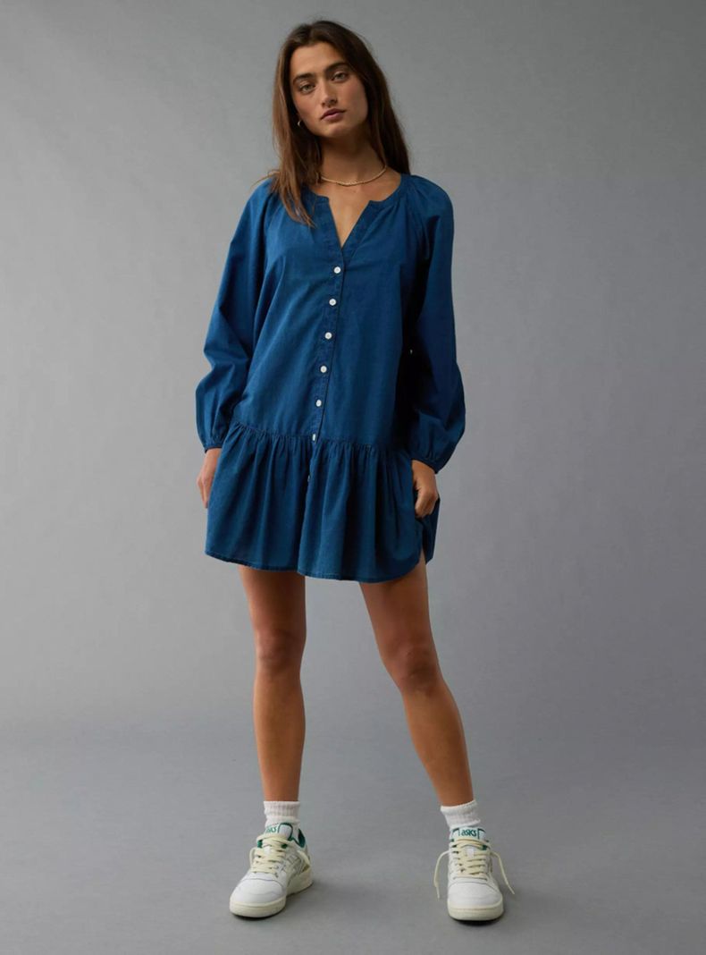 Vestido Ae Corto Estilo Camisa con Cintura Caída-2