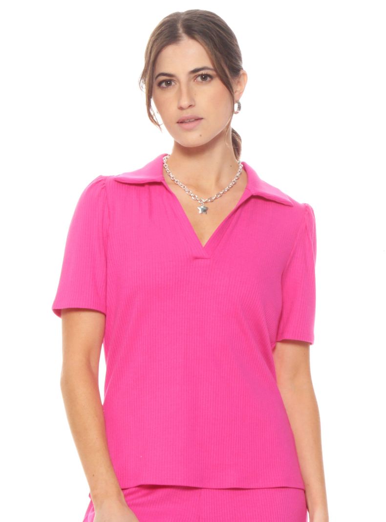 Polera Manga Corta Sólida Escote Cuello V-0