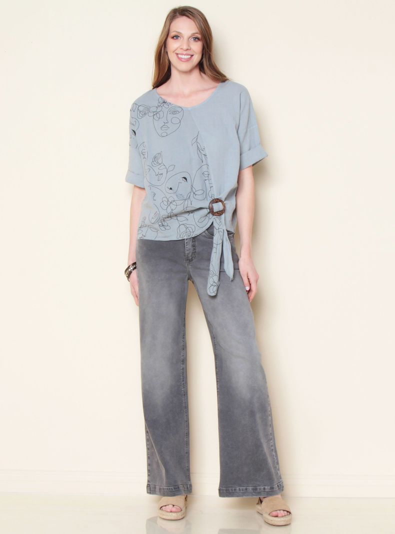 Blusa Lino Sólida Manga Corta Escote V Estampada-3