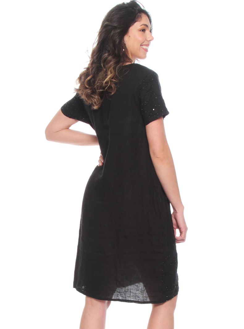 Vestido Bordado Manga Corta Lino Escote Redondo-1