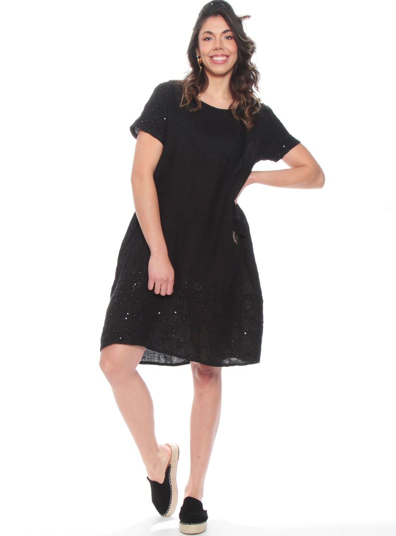 Vestido Bordado Manga Corta Lino Escote Redondo-3