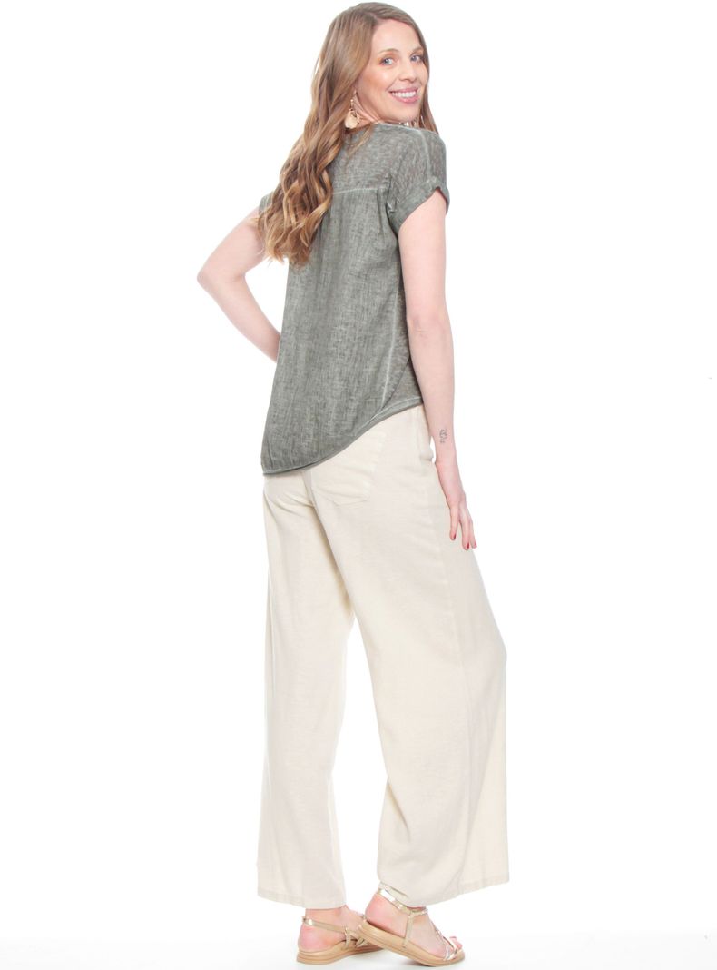 Blusa Manga Corta Lino Sólida Escote V Corte Delantero-4
