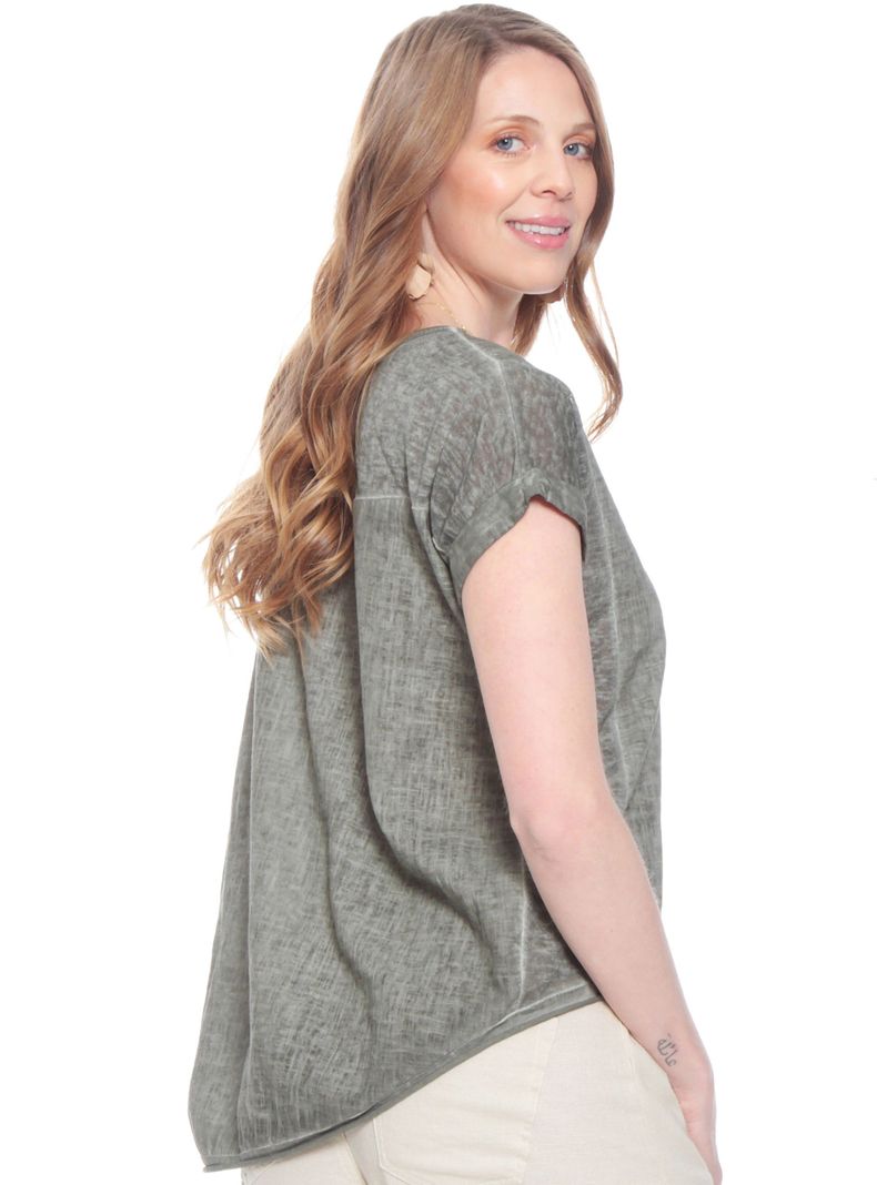 Blusa Manga Corta Lino Sólida Escote V Corte Delantero-1