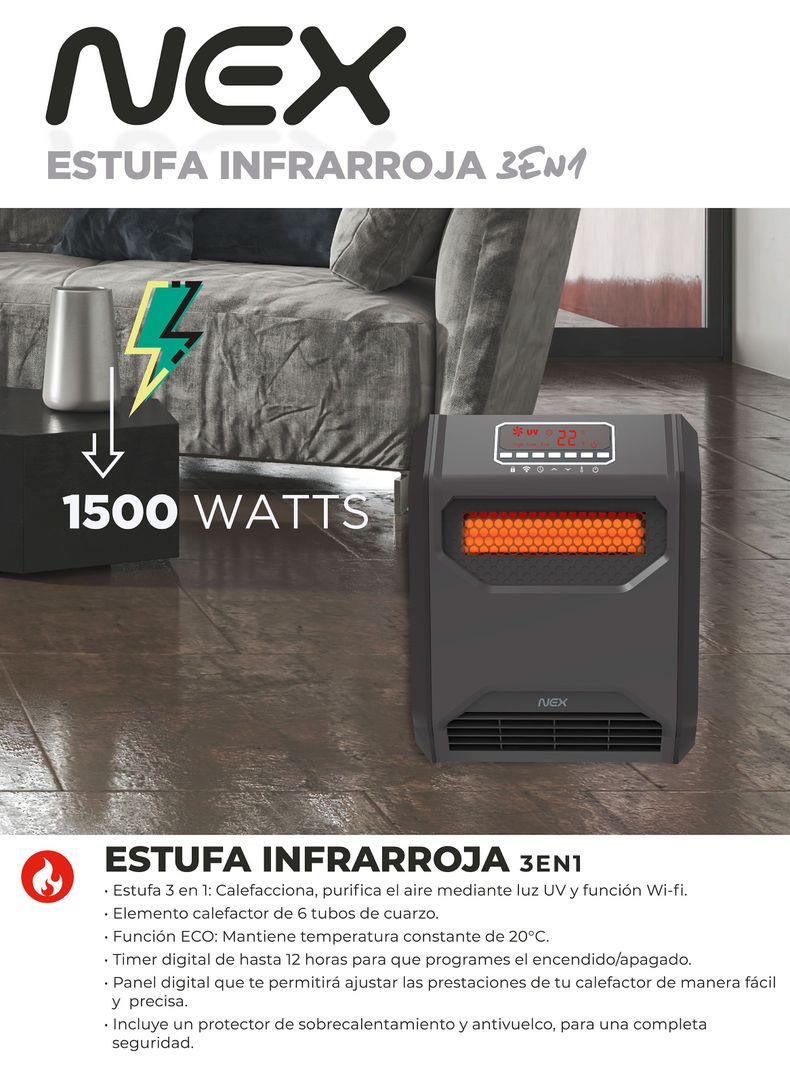Estufa Infraroja 3 en 1 1500W PFH3E1-3