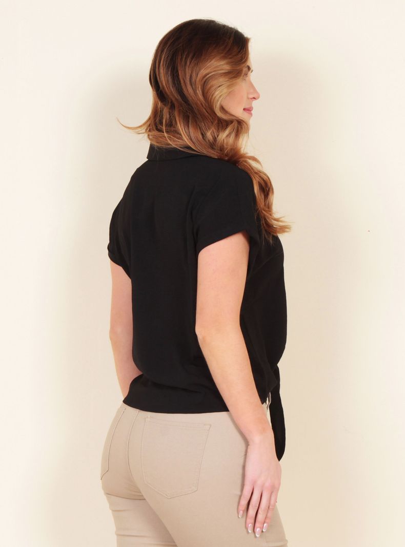 Blusa Manga Corta Sólida Cuello Camisero Amarra en Cintura-1
