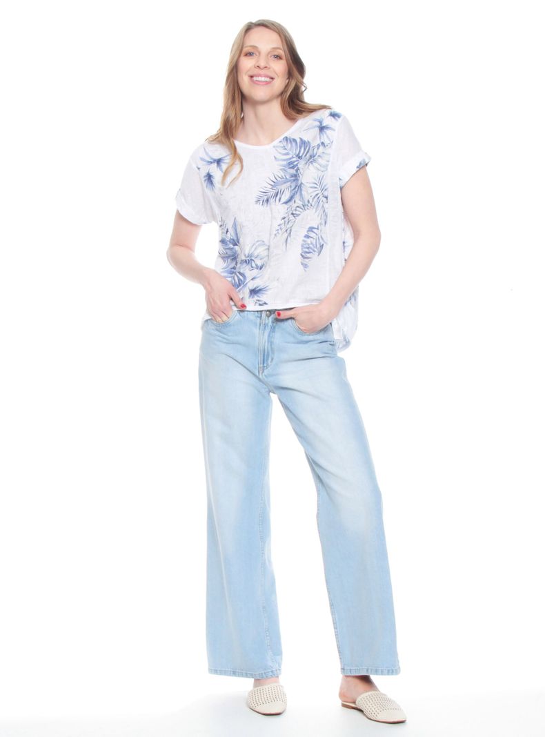 Blusa Manga Corta Lino Estampada Escote Redondo-4