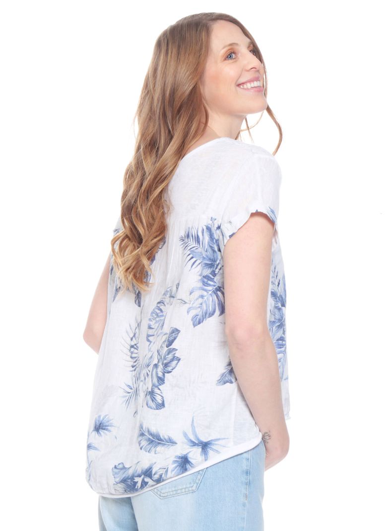 Blusa Manga Corta Lino Estampada Escote Redondo-1