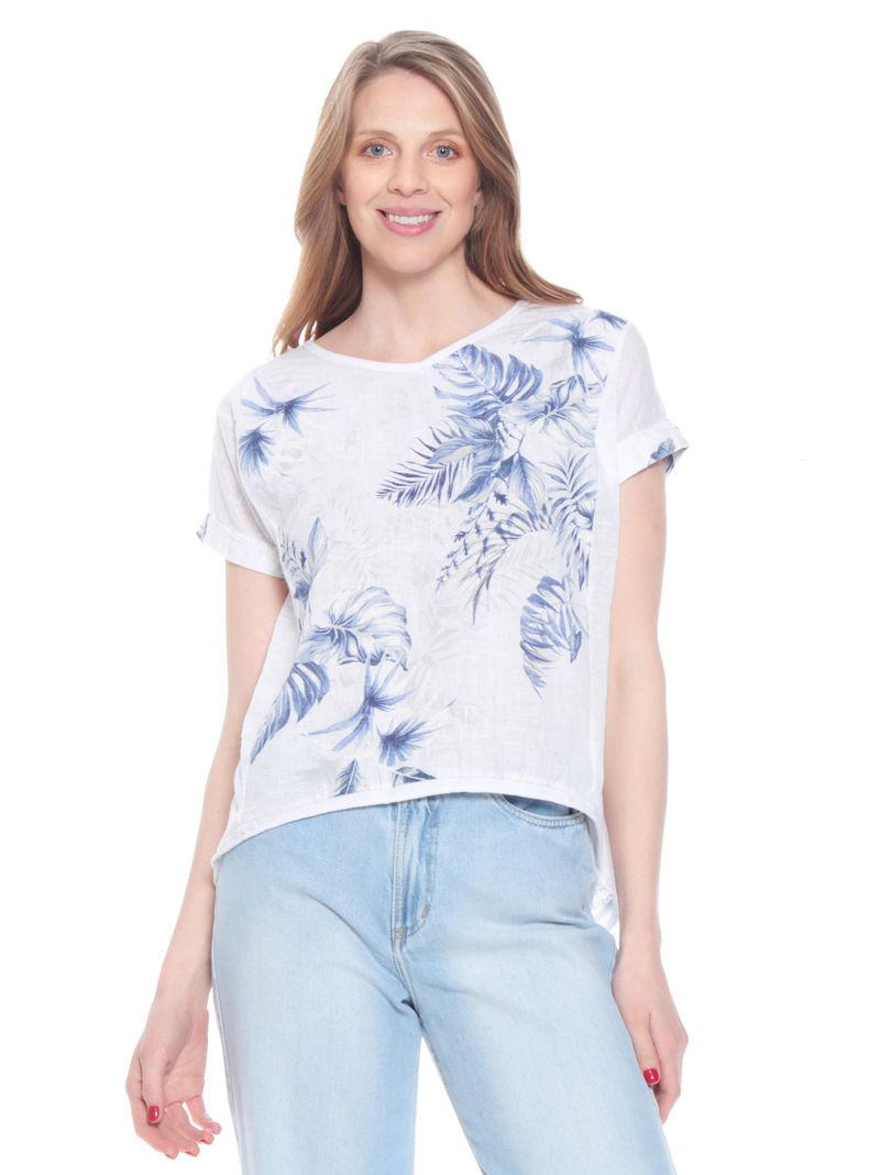 Blusa Manga Corta Lino Estampada Escote Redondo-0