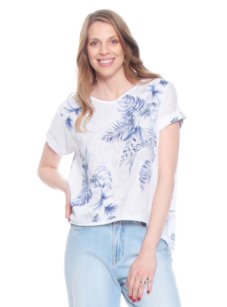 Blusa Manga Corta Lino Estampada Escote Redondo-2
