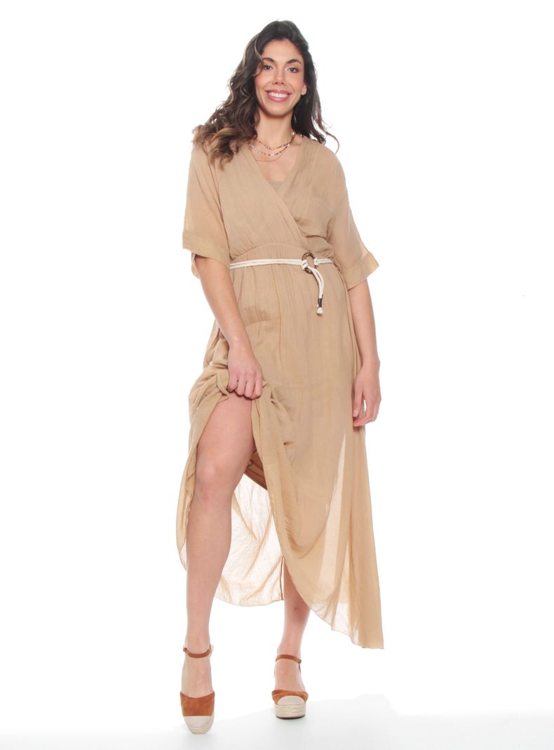 Vestido Manga Corta Sólido Escote V con Cinturón-4