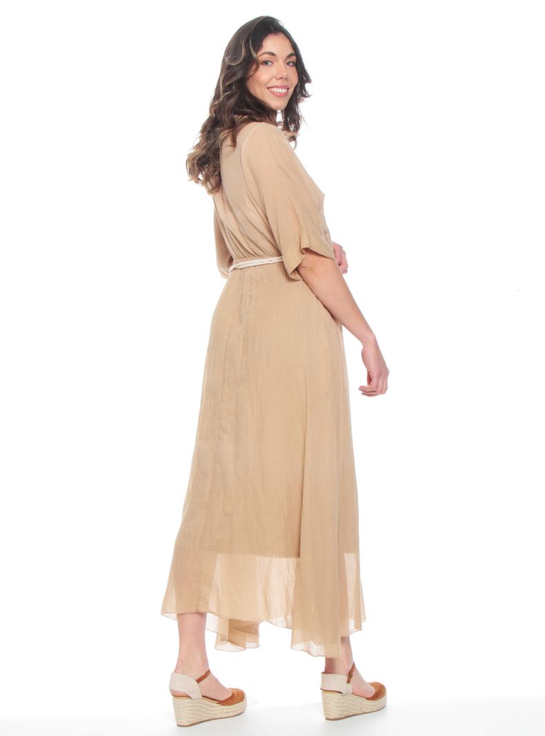 Vestido Manga Corta Sólido Escote V con Cinturón-1