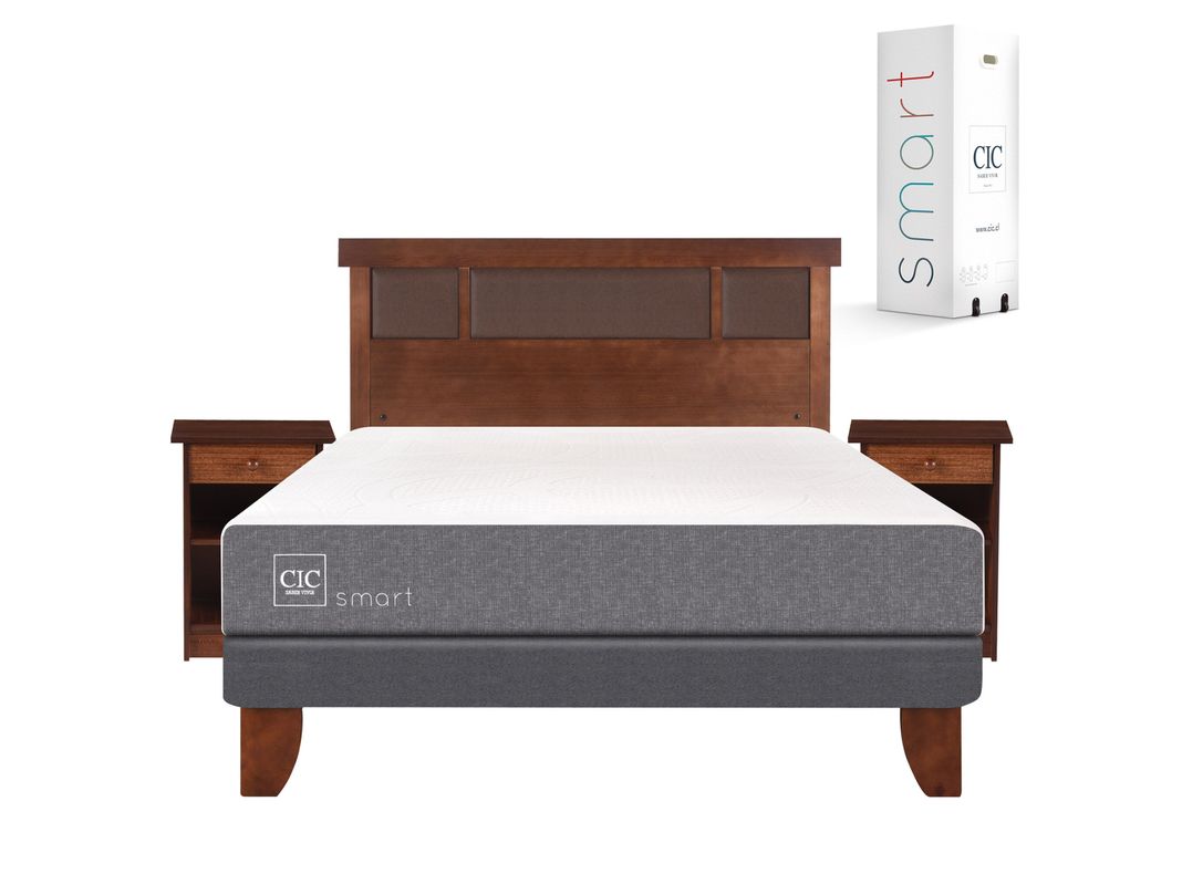 Cama Europea Smart 2 Plazas Base Normal + Set Muebles New Dublín Caramelo-0