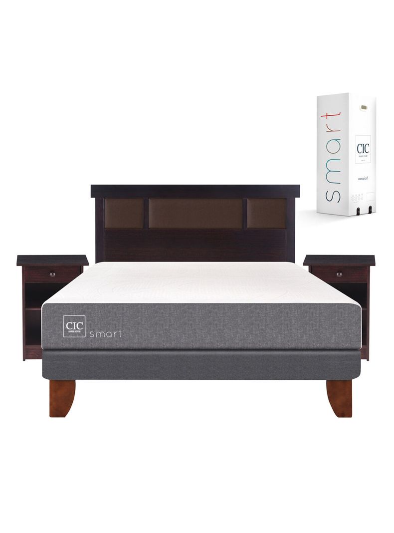 Cama Europea Smart 2 Plazas Base Normal + Set Muebles New Dublín Chocolate-1