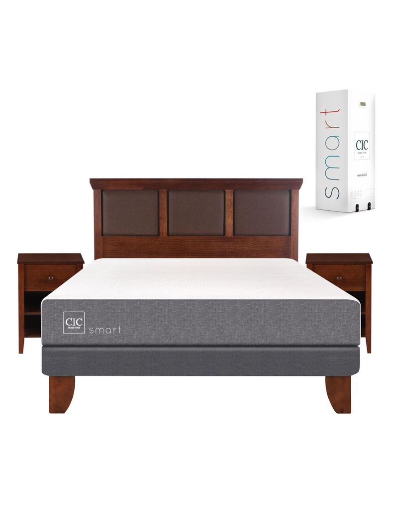 Cama Europea Smart 2 Plazas Base Normal + Set Muebles New Torino Caramelo-1
