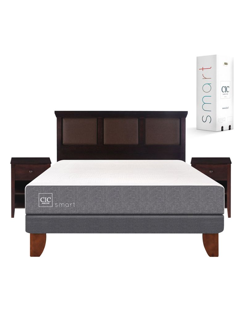 Cama Europea Smart 2 Plazas Base Normal + Set Muebles New Torino Chocolate-1