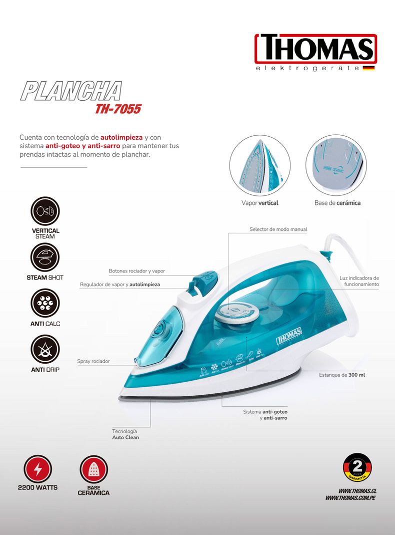 Plancha a Vapor Vertical TH-7055 Celeste-6