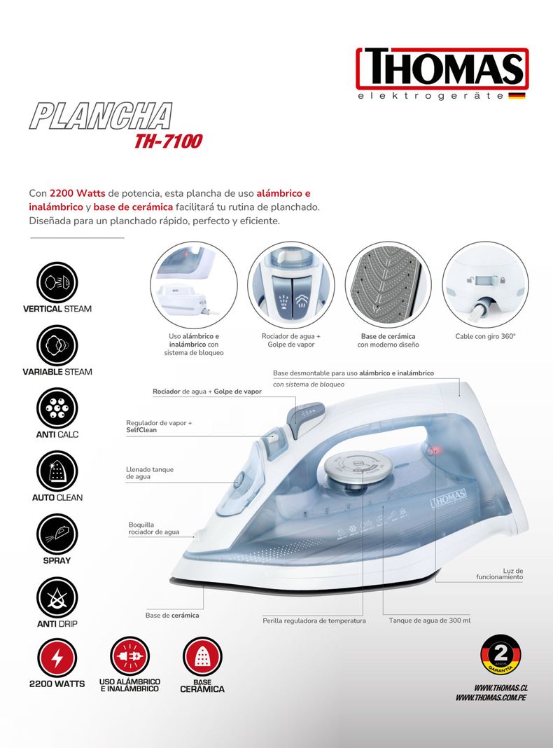 Plancha a Vapor Inalámbrica TH-7100 Gris-5