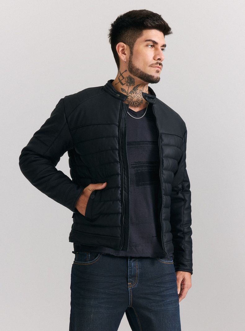 Chaqueta Acolchada Cuero Ecológico Engomado-0