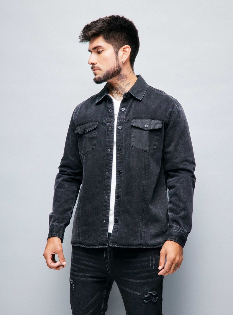 Camisa Sobrecamisa Jeans con Bolsillos Engomados-0