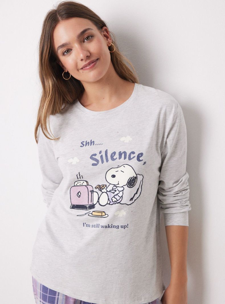 Pijama Largo Algodón Snoopy Cuadros-3
