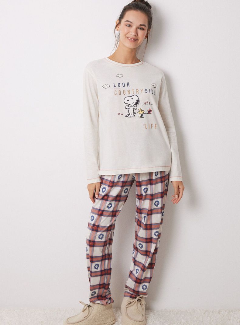 Pijama Largo Algodón Cuadros Snoopy-0