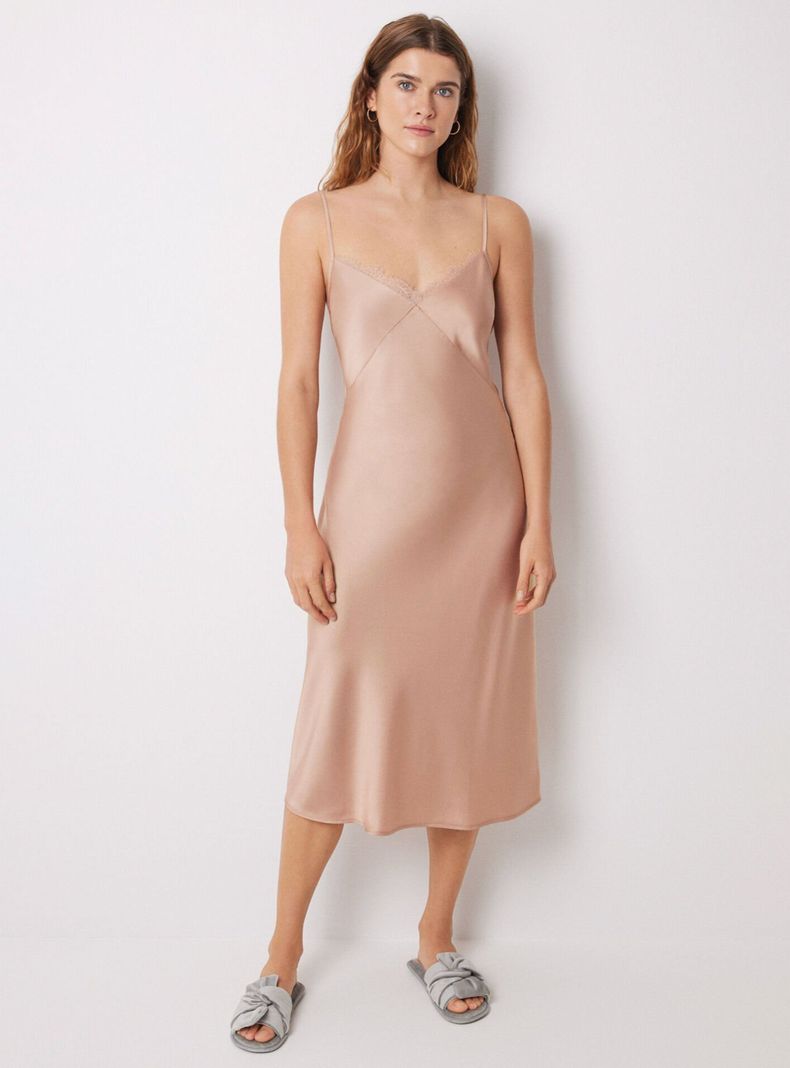 Camisón Midi Satén y Encaje Nude-5