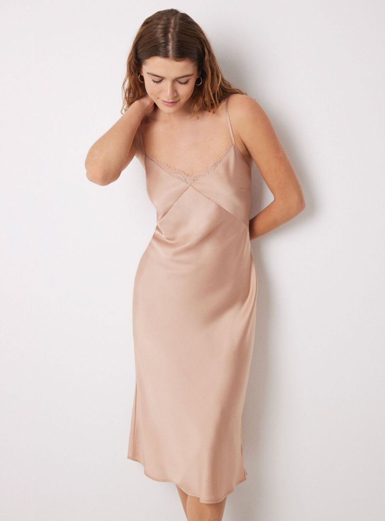 Camisón Midi Satén y Encaje Nude-2
