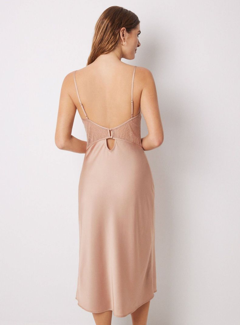 Camisón Midi Satén y Encaje Nude-1