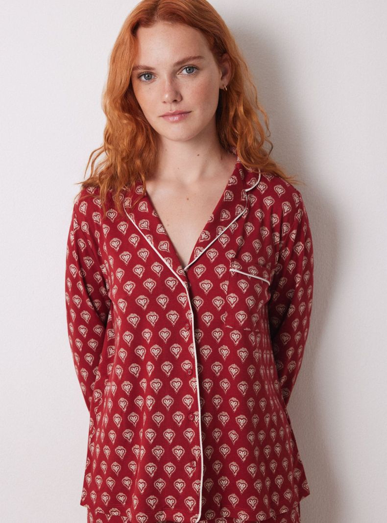 Pijama Camisero Largo Rojo Corazones-2