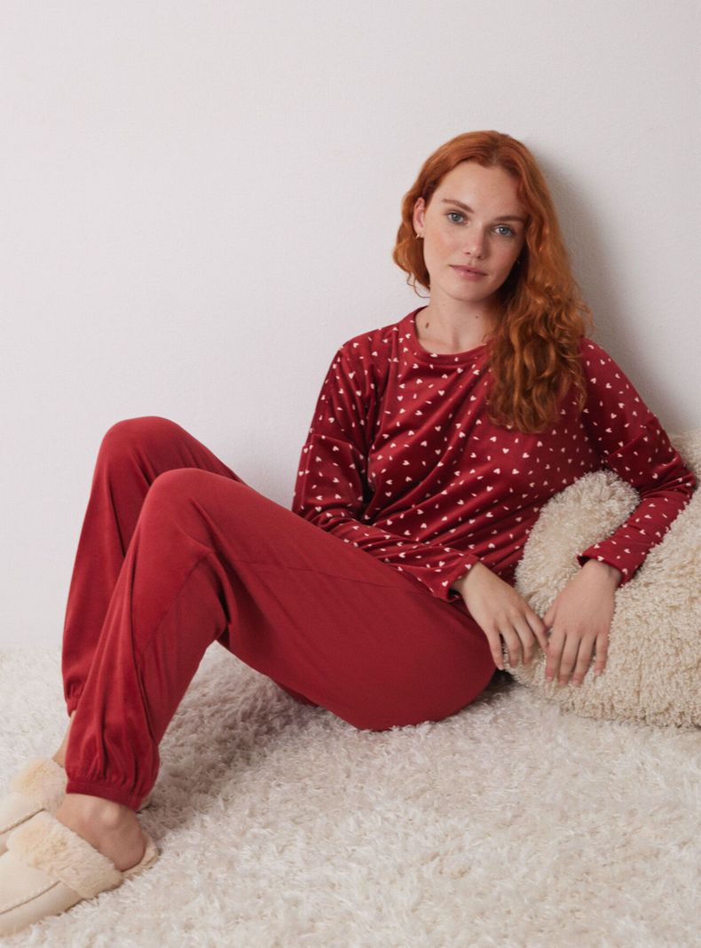 Pijama Largo Terciopelo Suave Rojo-4