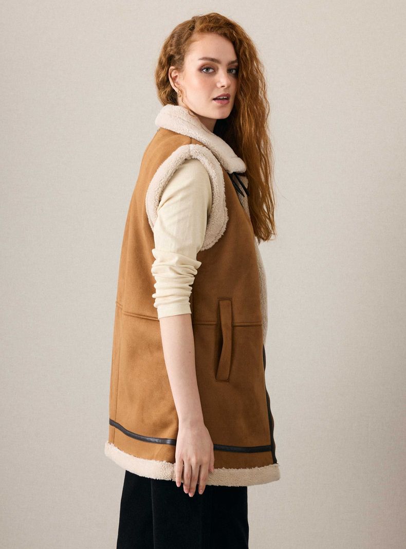 Chaqueta Larga de Gamuza Forrada en Sherpa-1