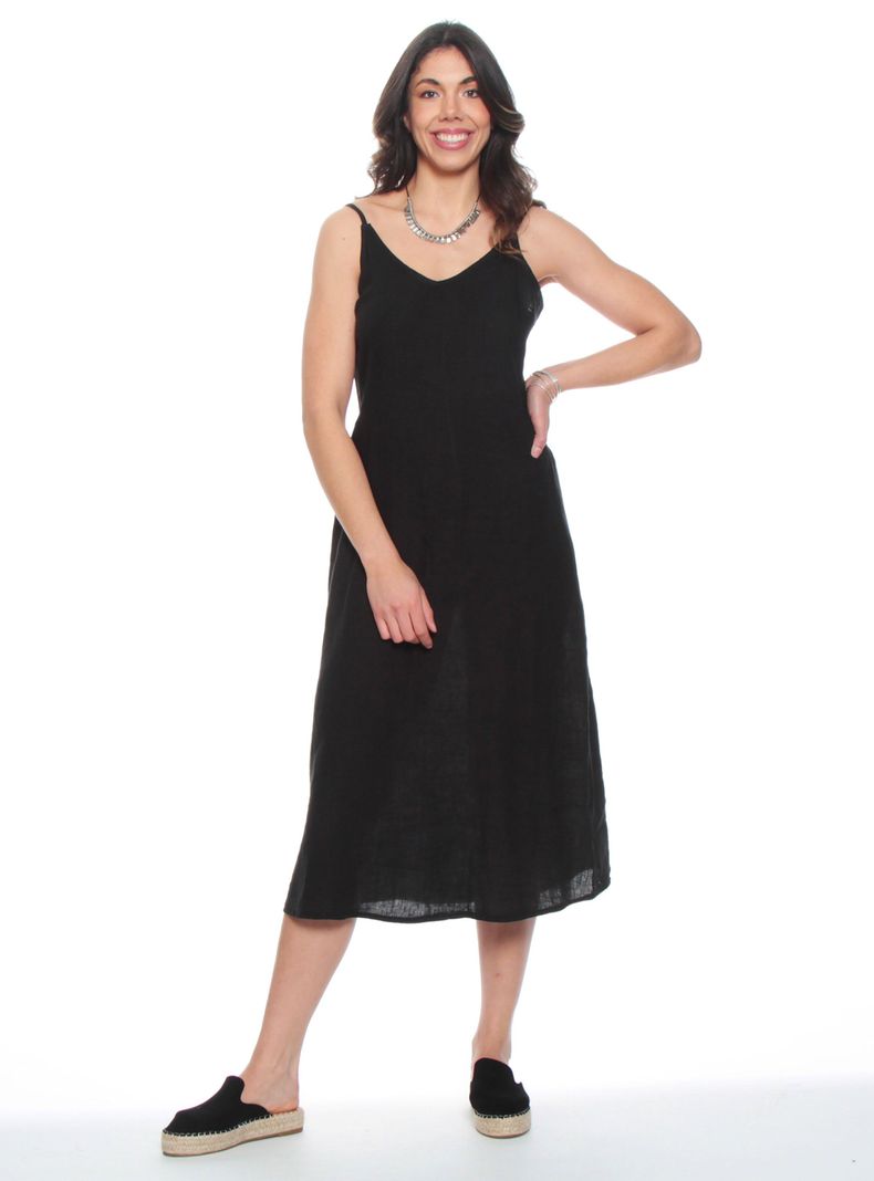 Vestido sin Manga Tirantes Ajustables Lino Escote V-0