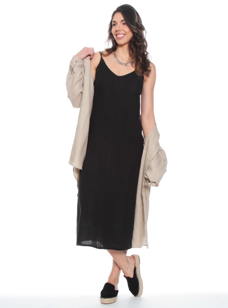 Vestido sin Manga Tirantes Ajustables Lino Escote V-3