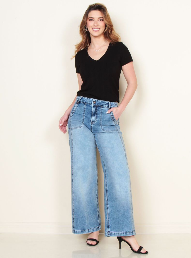 Jeans Flare Cargo Tiro Alto Pretina 1 Botón-3