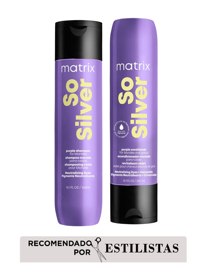 Set Shampoo Violeta Cabello Rubio y Gris 300 ml + Acondicionador con Pigmentos 300ml So Silver Matrix-1