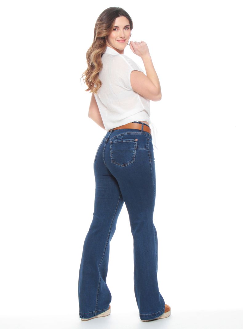 Jeans Flare Tiro Alto Pretina 1 Botón Push Up-4