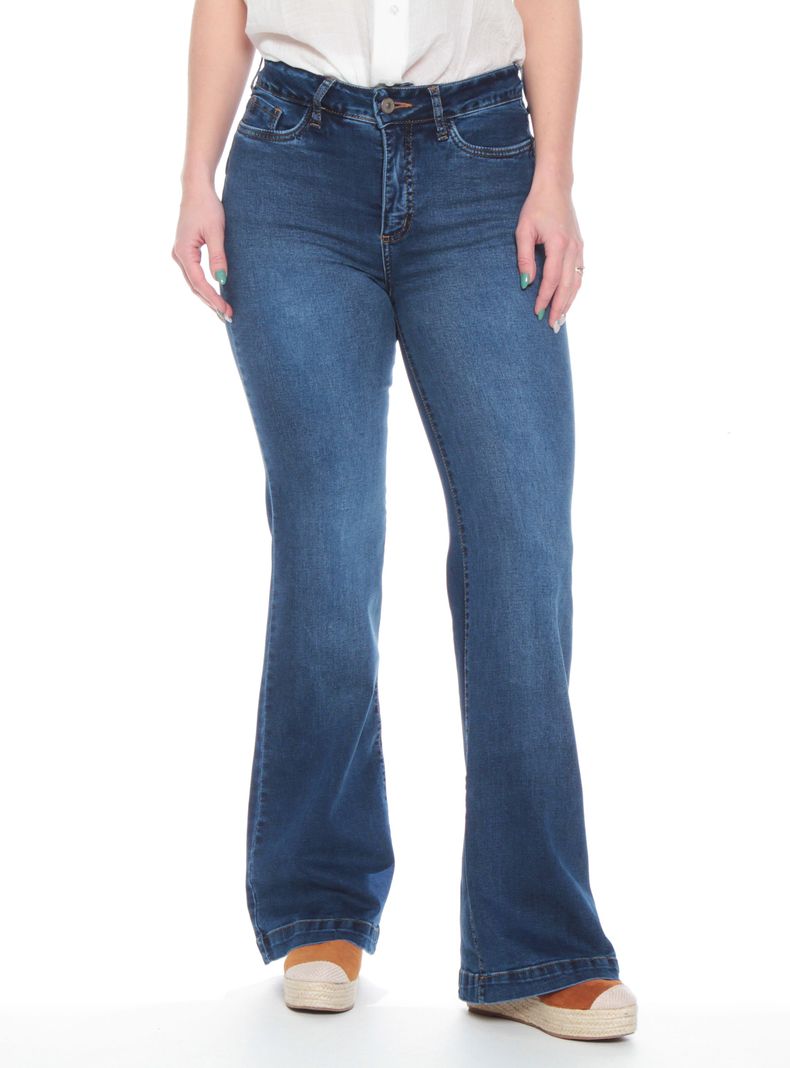 Jeans Flare Tiro Alto Pretina 1 Botón Push Up-0