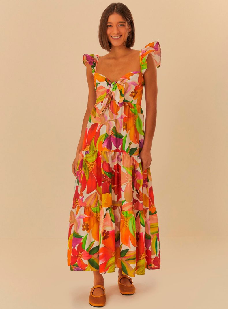 Vestido Largo Estampado Flores con Vuelos-0