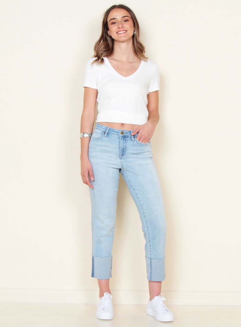 Jeans Recto Tiro Alto Pretina con Basta Doblada-3