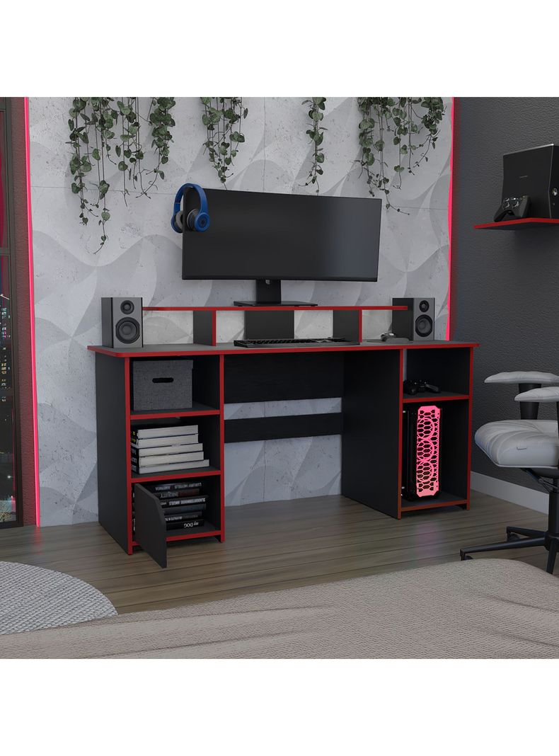 Escritorio Gamer Keria Wengue Canto Rojo-4