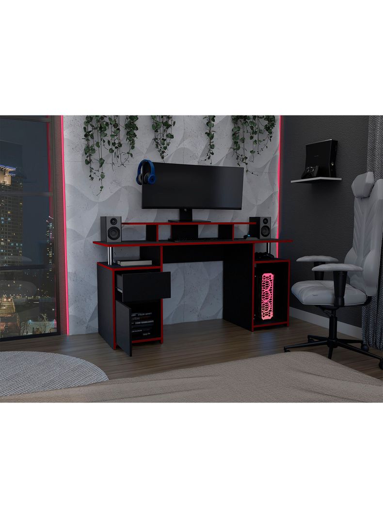 Escritorio Gamer Keria 2.0 Negro Canto Rojo-4