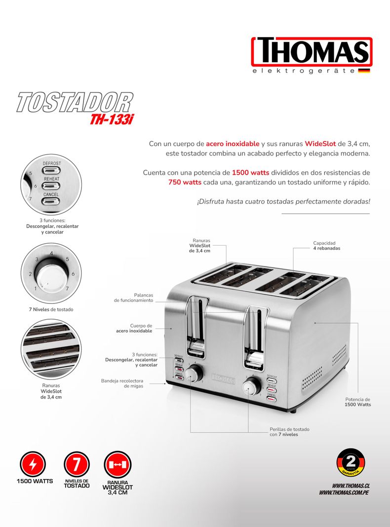 Tostador Eléctrico 4 Rebanadas Acero Inox TH-133i-4