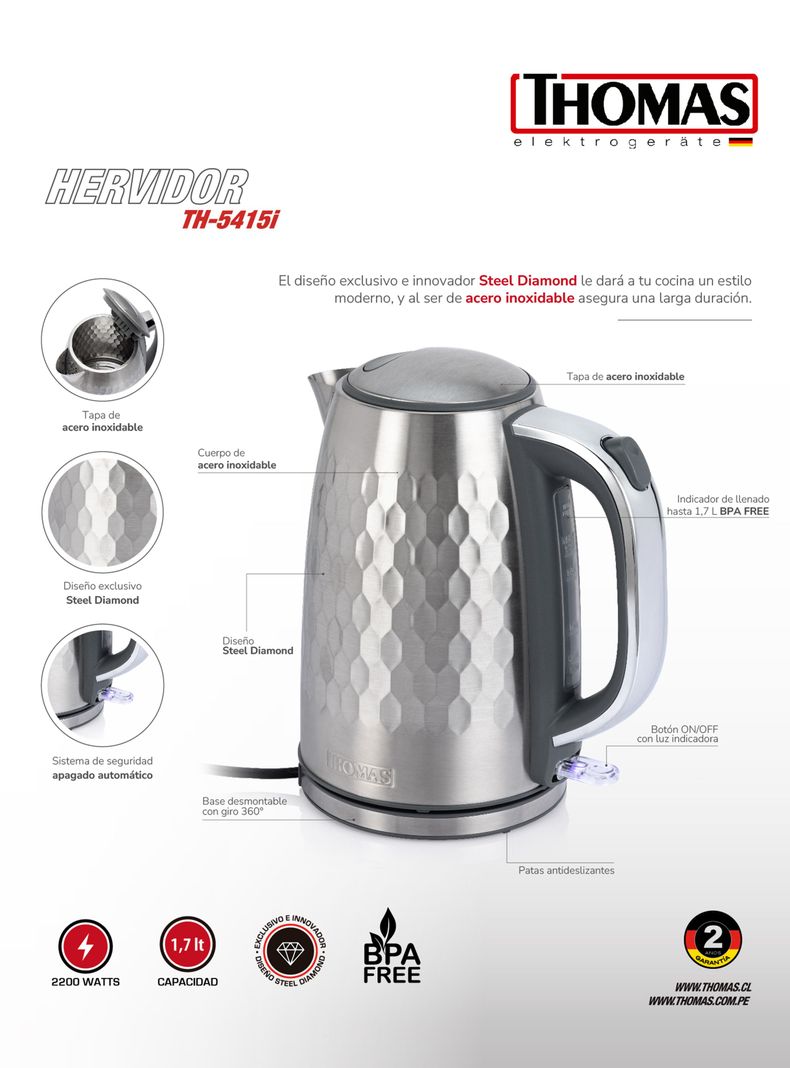 Hervidor Steel Diamond 1.7 Litros TH-5415i-5