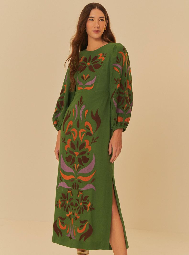 Vestido Largo Estampado con Manga Abullonada y Tajo-0
