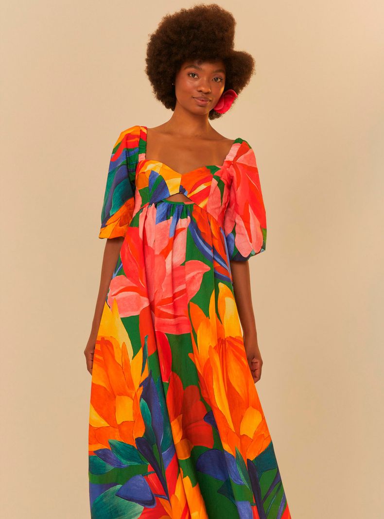 Vestido Largo Manga Abullonada con Estampado Flores-2