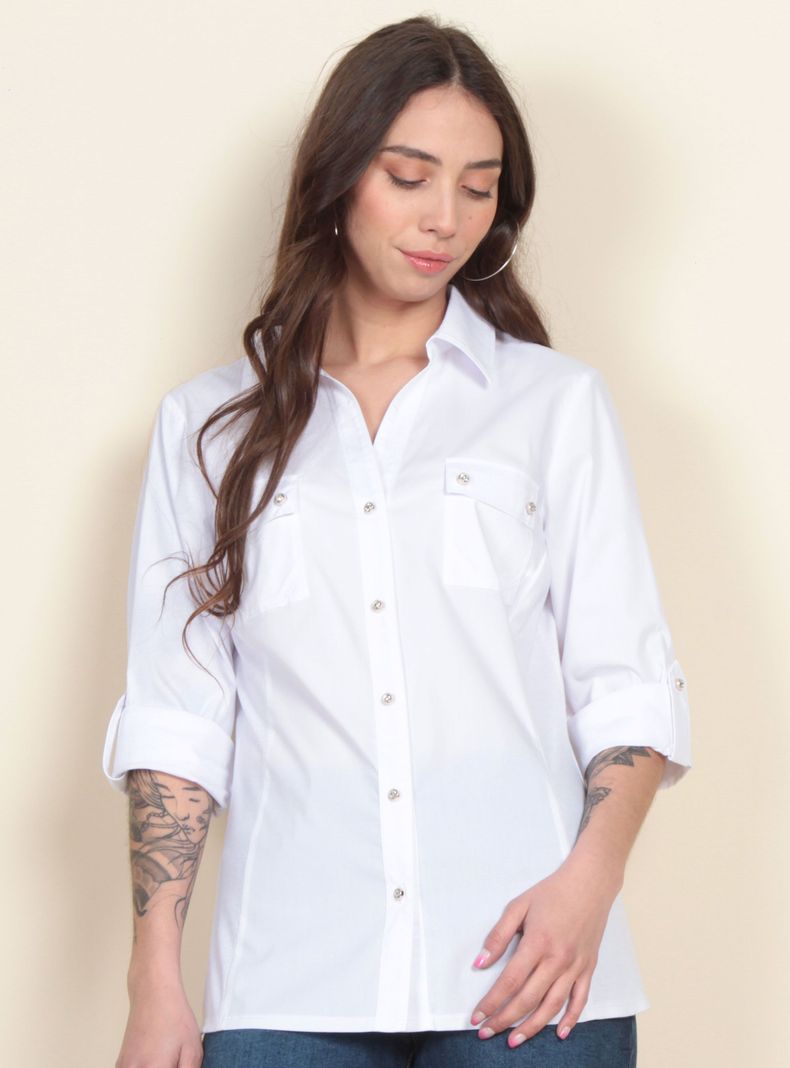 Blusa Manga Larga Ajustable Sólida Cuello Camisero-0