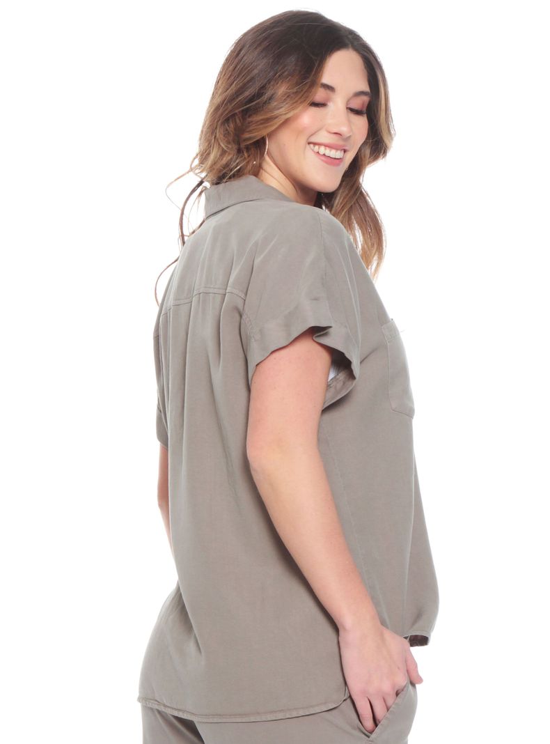Blusa Manga Corta Sólida Cuello Camisero Bolsillo Delantero-1
