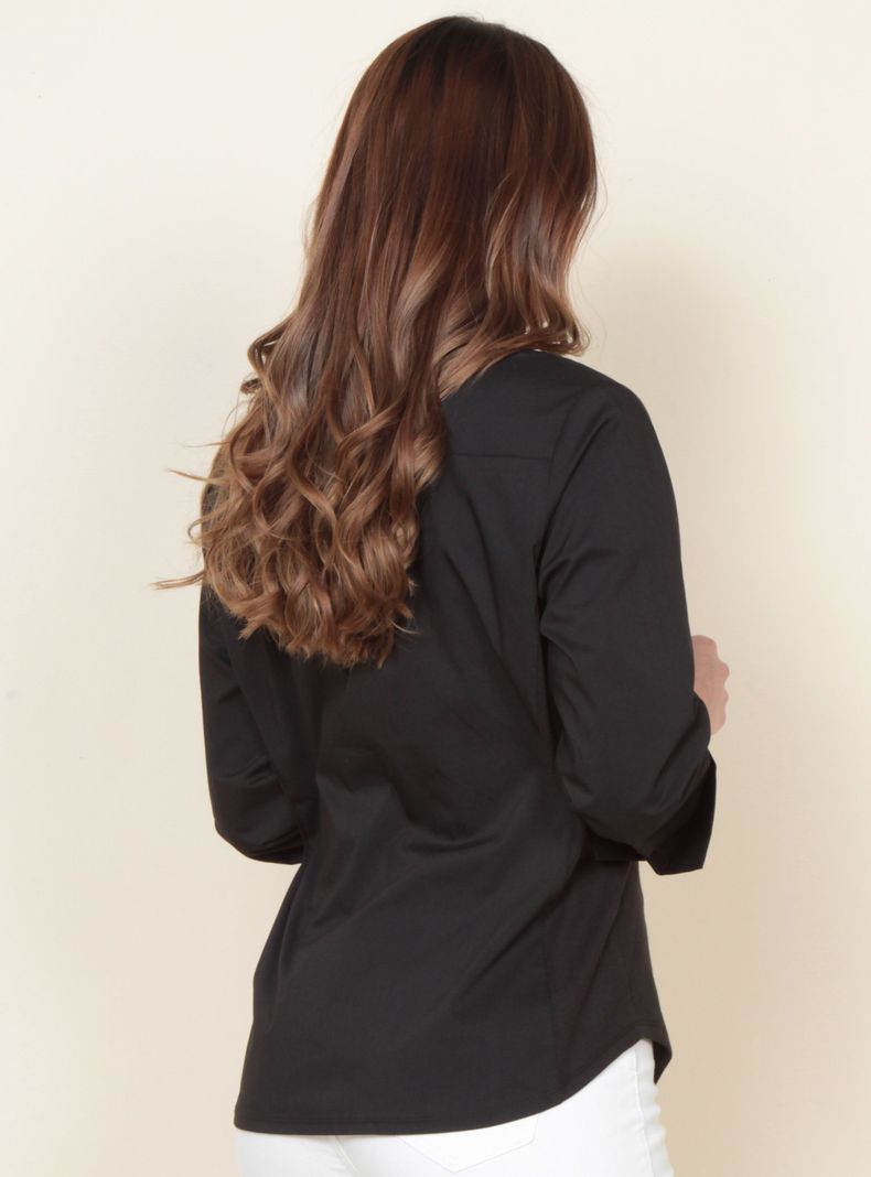 Blusa Manga 3/4 Sólida Abotonada Aplicación Bordado-1