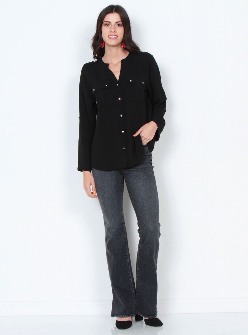 Blusa Manga Larga Sólida con Cuello Mao y Bolsillos-3