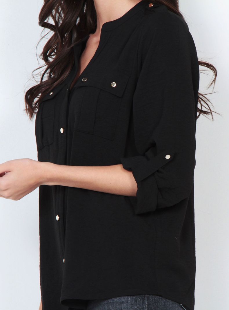 Blusa Manga Larga Sólida con Cuello Mao y Bolsillos-2